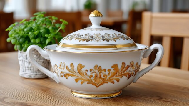 Ornate porcelain soup tureen with gold decor on wooden table