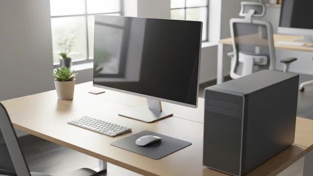 Minimalist desktop computer setup with sleek monitor and keyboard on wooden desk in sunlit modern office interior with potted plant and ergonomic chairs in background