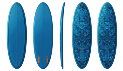Multiple views showcase a stylized surfboard, transitioning through perspectives