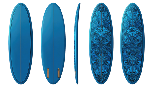 Multiple views showcase a stylized surfboard, transitioning through perspectives