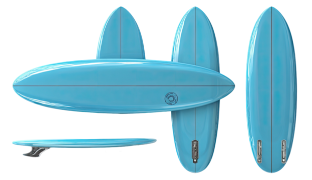 Blue surfboard isolated on black background, different views top, side, and front