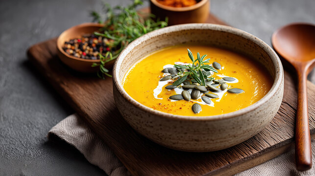 Soupe de courge orange cr&eacute;meuse garnie de graines dans un bol artisanal