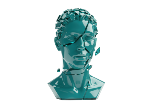 Isolated Bust statue figure of a man, turquoise color, parts broken, shattered, head and shoulders