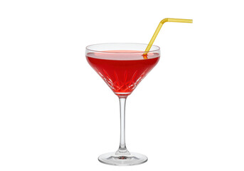 Red cocktail in crystal glass with yellow straw isolated on transparent background, elegant drink for party and celebration