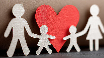 Famille en papier découpé avec cœur rouge symbolisant amour et unité