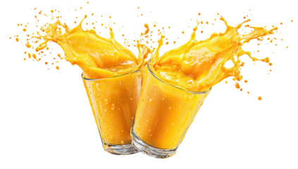 Two clear glasses of bright orange liquid, with splashes emanating from the top