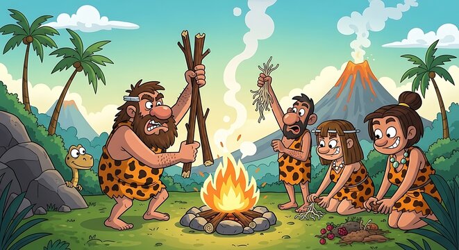 Cartoon Caveman Family Around a Campfire.