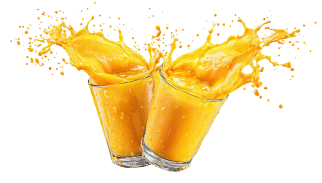 Two clear glasses of bright orange liquid, with splashes emanating from the top