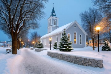 Church building in winter evening with snow covering ground