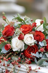 Red and white roses bouquet with berries and eucalyptus