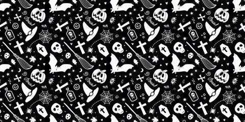 Halloween traditional spooky items isolated on black background forming seamless pattern