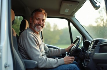 A middle-aged man with gray hair smiles inside a vehicle. He holds the steering wheel driving. The driver sits in the car smiling looking straight ahead. This photo may suit a travel blog.