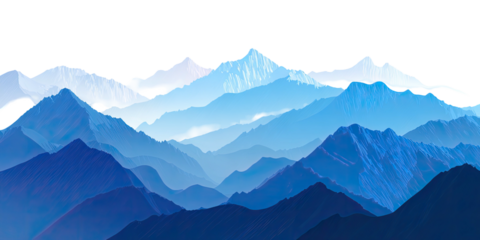 Abstract, layered mountainscape showcasing gradients of blue hues creating depth and a tranquil atmosphere