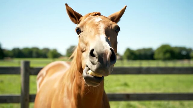Chestnut horse smiles playfully in a green pasture under a bright blue sky, showing its teeth and creating a humorous and lighthearted scene.