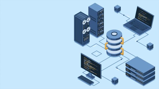 Isometric modern cloud database and networking animation. Computer service technology. Supercomputer. Isometric technology. 4K video animated in isometric style