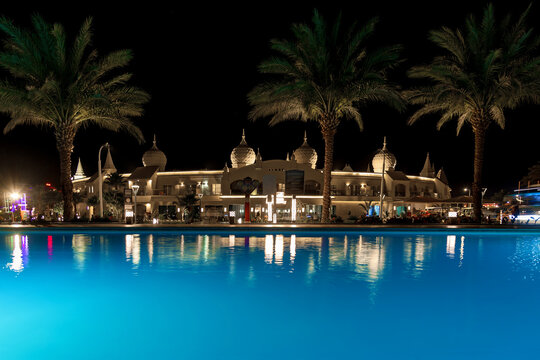 Egypt, Sharm el-Sheikh May 01, 2019 : Albatros Aqua Blu hotel reception, Oriental style hotel architecture.