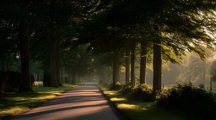 Obraz premium Sunlight illuminates a serene countryside road lined with tall trees on either side, creating a picturesque avenue.