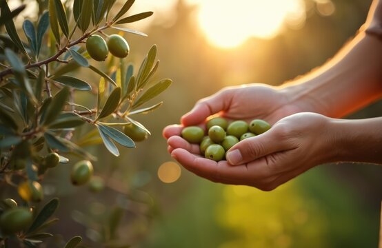 Hands gently hold fresh ripe olives from tree branch in sunset light. Person harvesting green olive fruits in grove. Farming, agriculture, organic food, healthy eating diet, Mediterranean cuisine.