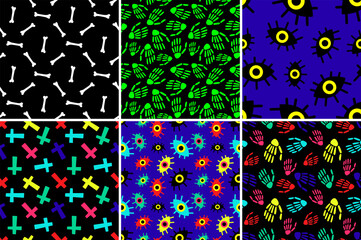 Halloween creepy scary seamless patterns. Patterns with bones, pumpkins, skulls, skeletons. Vector illustration 