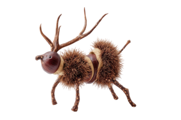 A creative chestnut art piece shaped as a deer on a transparent background