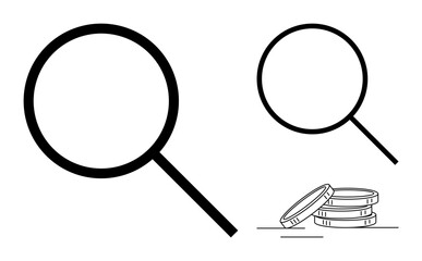 Magnifying glass with stack of coins symbolizing financial investigation, audit, research, or evaluation. Ideal for finance, analytics, investment, scrutiny, transparency problem-solving simple