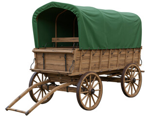 Isolated wooden wagon with green canvas cover for historical reenactment props © Elowen