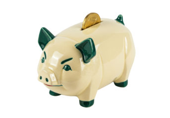 Ceramic piggy bank with coin isolated on white, savings and financial planning concept for personal finance and investment