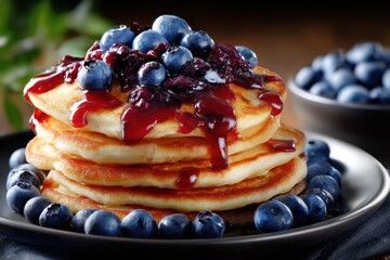 Stack of fluffy pancakes topped with fresh blueberries and berry sauce on a dark table