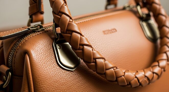 Elegant Leather Handbag with Braided Handle and Zipper Detail.