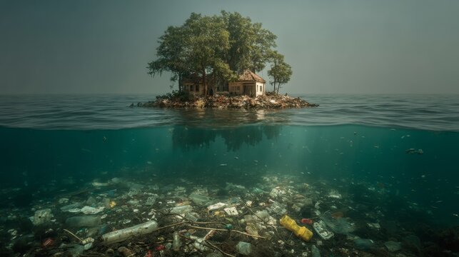 Polluted ocean water near tropical island showing plastic waste and coral reef damage.