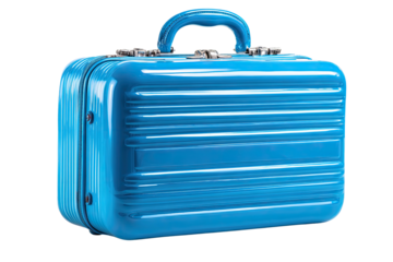 A shiny, vibrant, hard-shelled, light-blue case, ideal for travel, featuring a handle and closures