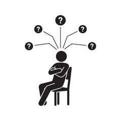 Pondering Stick Figure Icon, Person Sitting and Thinking with Question Marks, a Symbol of Confusion, Doubt, and Decision Making.

