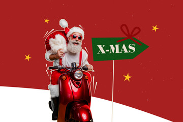 Banner art pop image collage of happy old man santa claus ride moped xmas pointer road sign winter season carry present bag