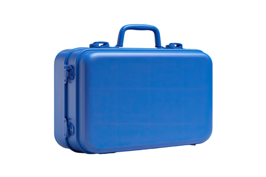 A vibrant blue briefcase sits against a stark black background, minimal, sharp angles