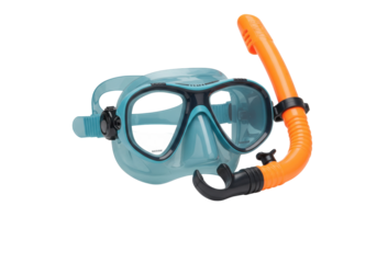 Blue snorkeling mask and orange snorkel isolated on transparent background, swimming gear for underwater exploration