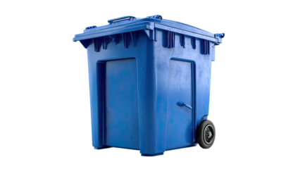 A blue, rectangular waste container with a lid and two wheels for disposal