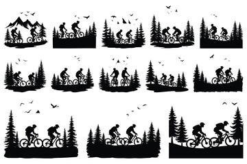 Fototapeta premium Silhouettes of cyclists riding bicycles through pine trees and mountains