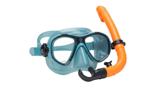 Blue snorkeling mask and orange snorkel isolated on transparent background, swimming gear for underwater exploration