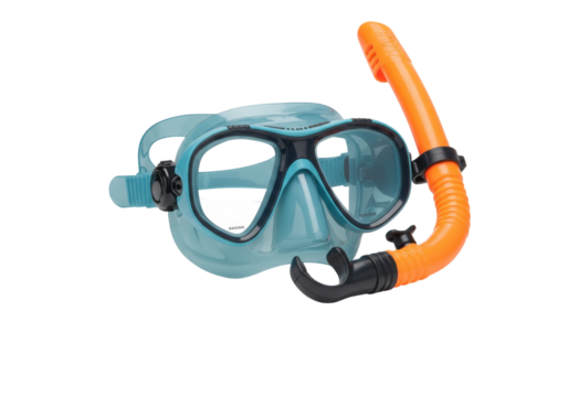 Blue snorkeling mask and orange snorkel isolated on transparent background, swimming gear for underwater exploration