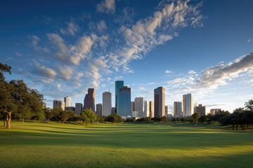 A vibrant city skyline emerges from a lush green park under a dynamic, cloudy blue sky