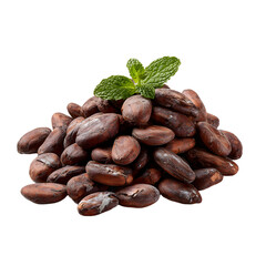 Obraz premium Fresh Pile of Shelled Cocoa Beans with Mint Leaf Isolated on White Background