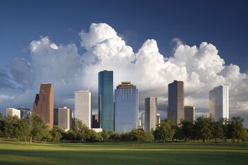 A cityscape of tall modern buildings against a cloudy sky, with trees and green grass in front