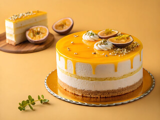 Delicious layered passion fruit mousse cake with fresh fruit topping and a slice on a wooden board, set against a warm, inviting yellow background, perfect for dessert and baking themes