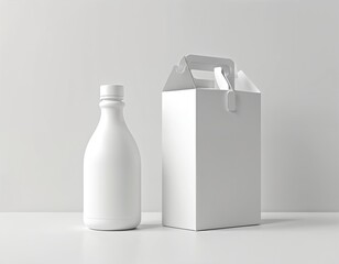 Blank white carton box dieline with handle and die cut openings. Next to it sits an empty plastic bottle with screw cap. This set is perfect for product packaging mockups.