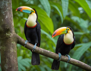 Fototapeta premium Two toucan tropical bird sitting on a tree branch in natural wildlife environment in rainforest jungle., toucan on a branch