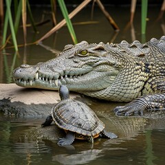 Fototapeta premium Crocodile and Turtle in Water.