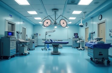 Sterile operating room prepared for surgical procedure. Modern medical equipment and surgical table are ready. Hospital room with overhead lights and blue flooring for cleanliness.