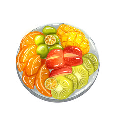 potongan buah-buahan segar  di atas piring. terlihat berkilau dan segar. ada buah mangga, kiwi, apel, jeruk, anggur muscat, dan jeruk nipis. ilustrasi makanan dan buah. 