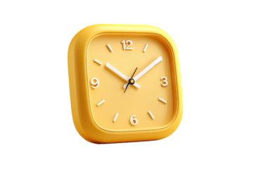 3D-rendered, yellow, square analog clock on a black background. Showing 10 past 2