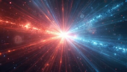Fototapeta premium Red and blue cosmic rays collide in deep space, creating bright light beams and star clusters. This nebula event shows immense power and universal mystery.